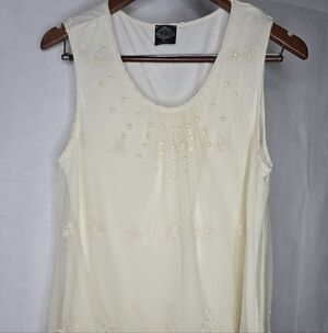 Cal Style Sleeveless Tunic Top Embroidered Ivory Pearl Beaded Cottage Fairy Boho
